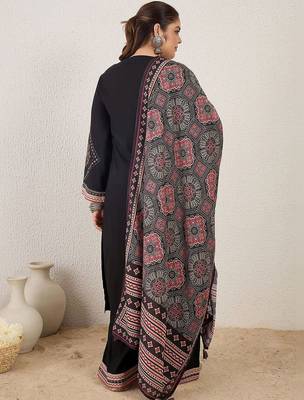Plus Size Black Embroidered Straight Kurta Palazzos With Dupatta Set 7