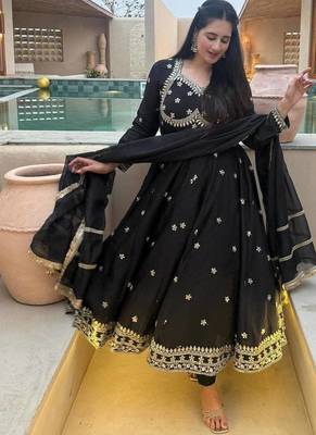 black vichitra silk blend  party wear embroidery anarkali suit set 1