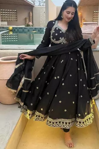 black vichitra silk blend  party wear embroidery anarkali suit set