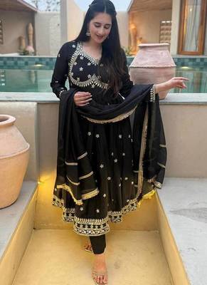 black vichitra silk blend  party wear embroidery anarkali suit set 2