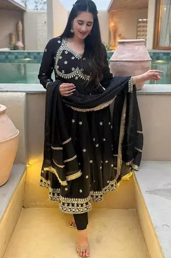 black vichitra silk blend  party wear embroidery anarkali suit set