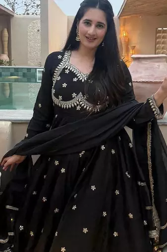 black vichitra silk blend  party wear embroidery anarkali suit set