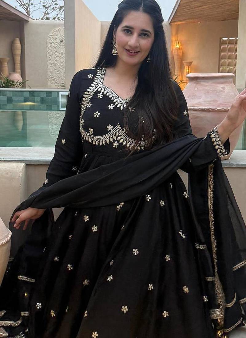 black vichitra silk blend  party wear embroidery anarkali suit set
