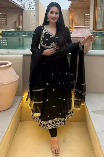 black vichitra silk blend  party wear embroidery anarkali suit set
