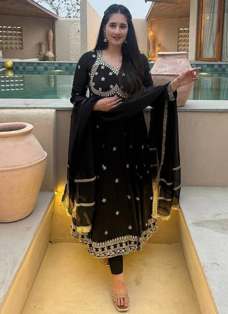 black vichitra silk blend  party wear embroidery anarkali suit set