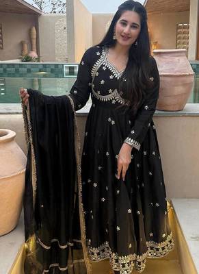 black vichitra silk blend  party wear embroidery anarkali suit set 5