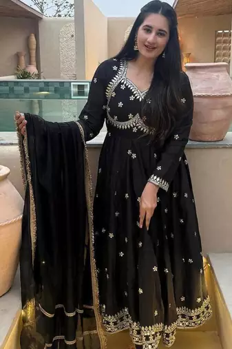 black vichitra silk blend  party wear embroidery anarkali suit set