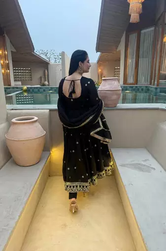 black vichitra silk blend  party wear embroidery anarkali suit set