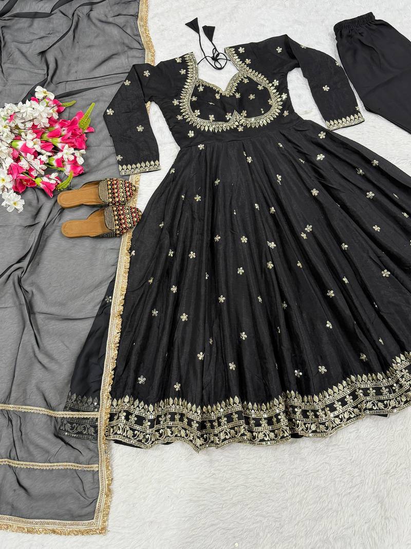 black vichitra silk blend  party wear embroidery anarkali suit set