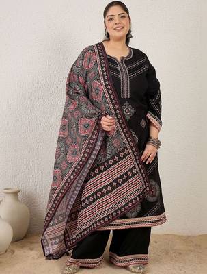 Plus Size Black Embroidered Straight Kurta Palazzos With Dupatta Set 1