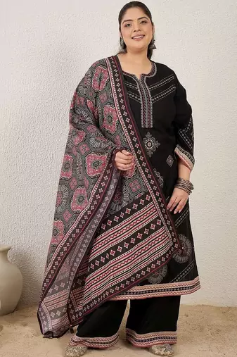 Plus Size Black Embroidered Straight Kurta Palazzos With Dupatta Set