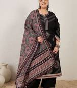 Plus Size Black Embroidered Straight Kurta Palazzos With Dupatta Set