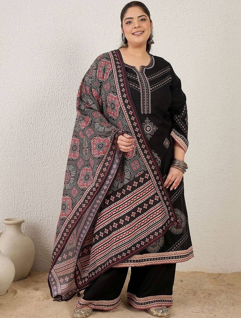 Plus Size Black Embroidered Straight Kurta Palazzos With Dupatta Set