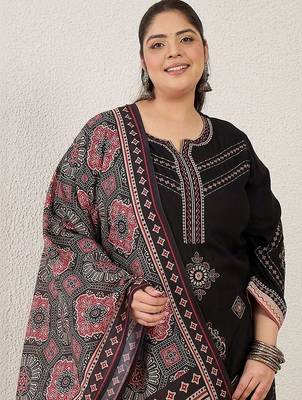 Plus Size Black Embroidered Straight Kurta Palazzos With Dupatta Set 3