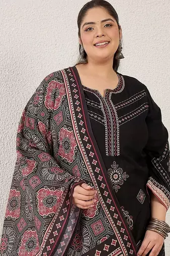 Plus Size Black Embroidered Straight Kurta Palazzos With Dupatta Set