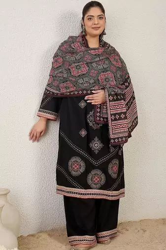 Plus Size Black Embroidered Straight Kurta Palazzos With Dupatta Set