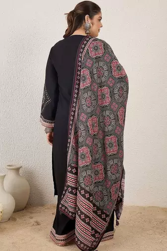 Plus Size Black Embroidered Straight Kurta Palazzos With Dupatta Set
