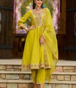 Ethnic Motifs Embroidered Thread Work A-Line Kurta with Trousers & With Dupatta