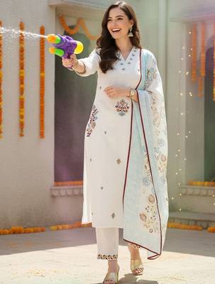 Women Floral Embroidered Thread Work Cotton Kurta with Trousers & With Dupatta 1