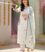 Women Floral Embroidered Thread Work Cotton Kurta with Trousers & With Dupatta