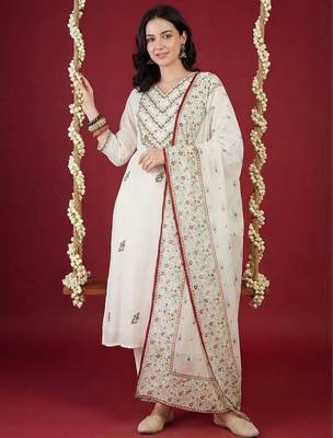 Women Ethnic Motifs Embroidered Thread Work Cotton Kurta with Trousers & With Dupatta 2