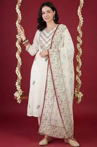 Women Ethnic Motifs Embroidered Thread Work Cotton Kurta with Trousers & With Dupatta