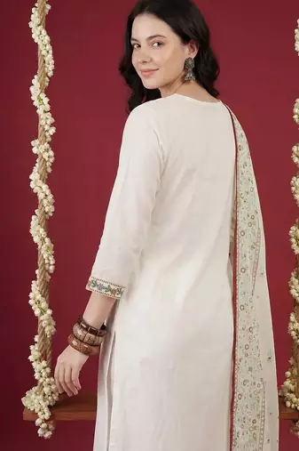 Women Ethnic Motifs Embroidered Thread Work Cotton Kurta with Trousers & With Dupatta