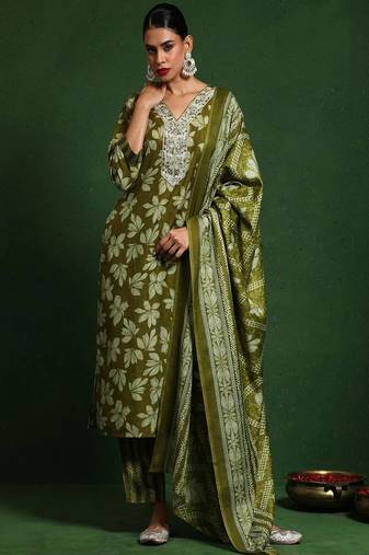 Floral embroidered cotton v neck kurta trouser & dupatta set