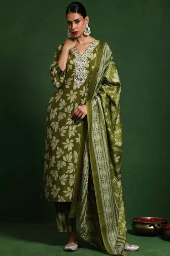 Floral embroidered cotton v neck kurta trouser & dupatta set