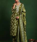 Floral embroidered cotton v neck kurta trouser & dupatta set