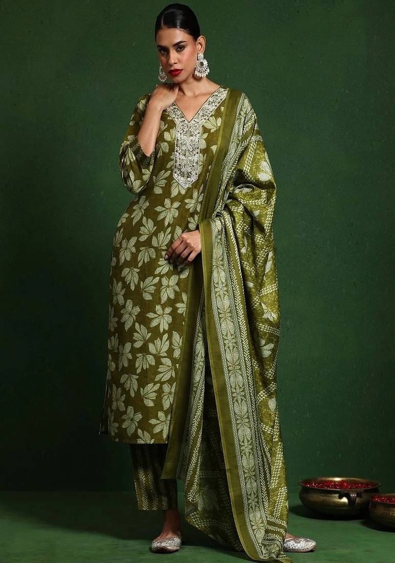 Floral embroidered cotton v neck kurta trouser & dupatta set