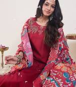 Floral Embroidered Thread Work Kurta With Trousers & Dupatta