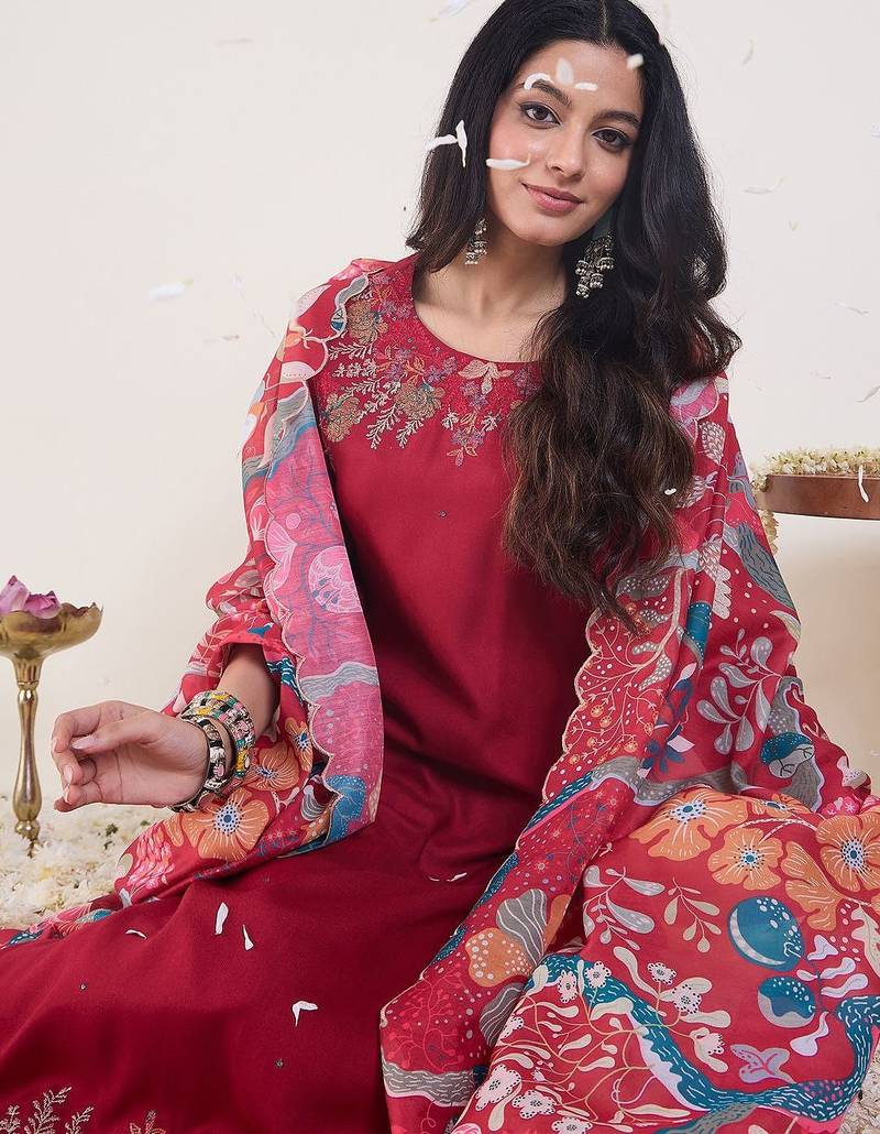 Floral Embroidered Thread Work Kurta With Trousers & Dupatta