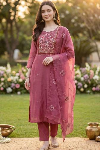 Women Floral Embroidered Thread Work Kurta with Trousers & With Dupatta