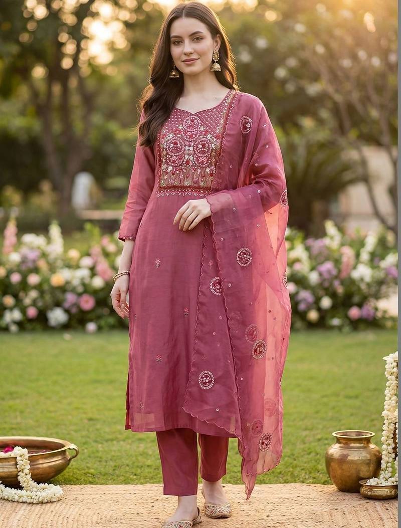 Women Floral Embroidered Thread Work Kurta with Trousers & With Dupatta