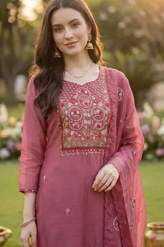 Women Floral Embroidered Thread Work Kurta with Trousers & With Dupatta