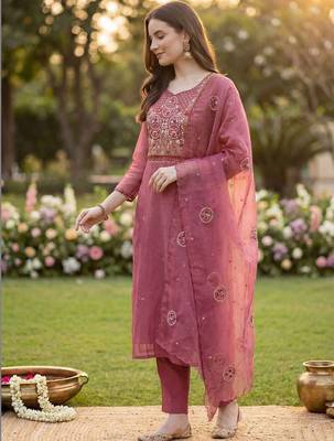 Women Floral Embroidered Thread Work Kurta with Trousers & With Dupatta 3