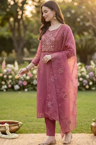 Women Floral Embroidered Thread Work Kurta with Trousers & With Dupatta