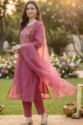 Women Floral Embroidered Thread Work Kurta with Trousers & With Dupatta