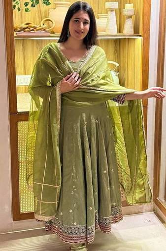 green vichitra silk blend  party wear embroidery anarkali suit set