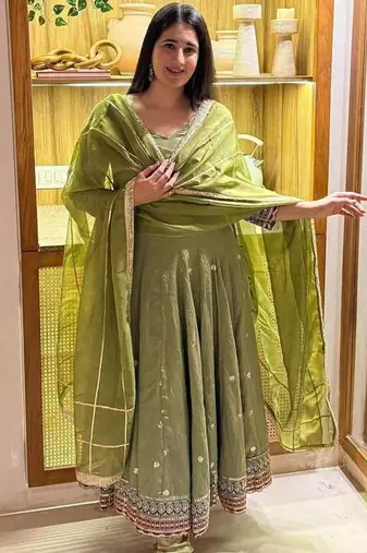 green vichitra silk blend  party wear embroidery anarkali suit set