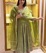 green vichitra silk blend  party wear embroidery anarkali suit set