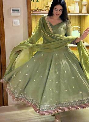 green vichitra silk blend  party wear embroidery anarkali suit set 2
