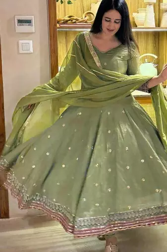 green vichitra silk blend  party wear embroidery anarkali suit set