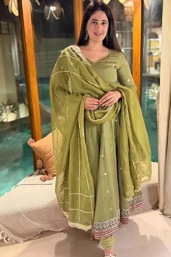 green vichitra silk blend  party wear embroidery anarkali suit set