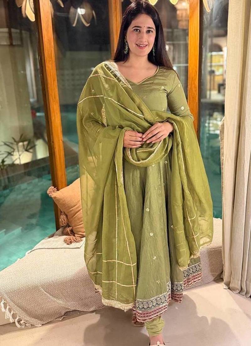 green vichitra silk blend  party wear embroidery anarkali suit set