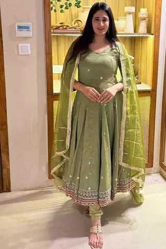 green vichitra silk blend  party wear embroidery anarkali suit set