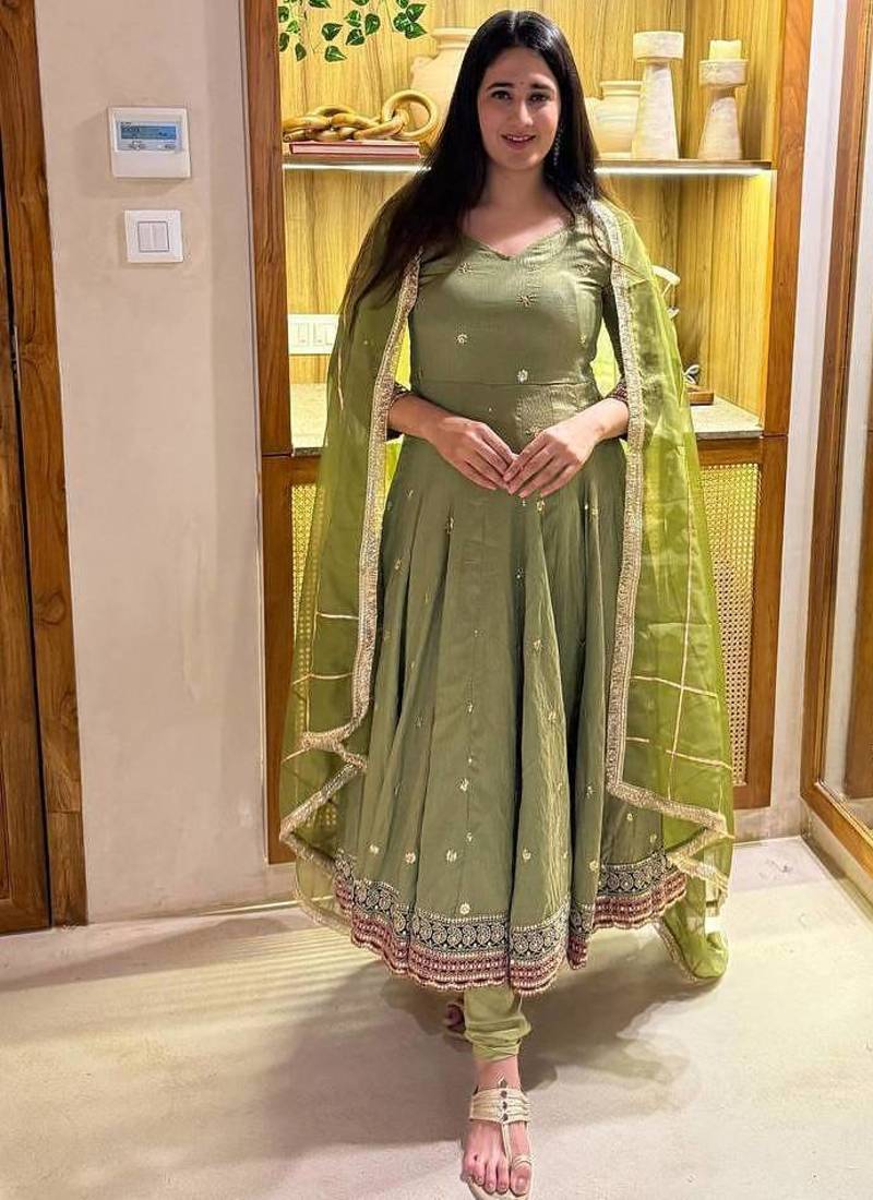 green vichitra silk blend  party wear embroidery anarkali suit set