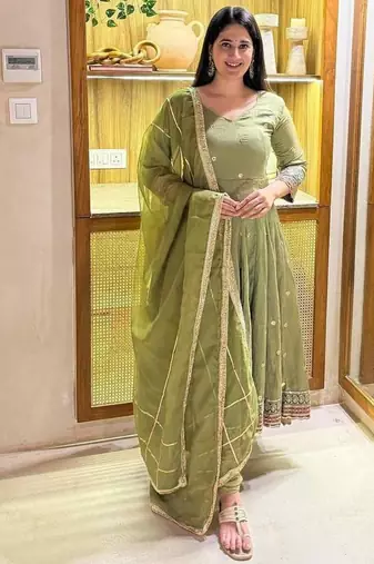 green vichitra silk blend  party wear embroidery anarkali suit set