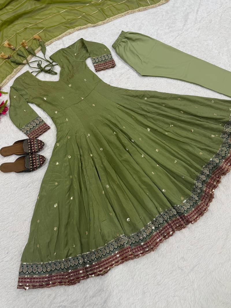 green vichitra silk blend  party wear embroidery anarkali suit set